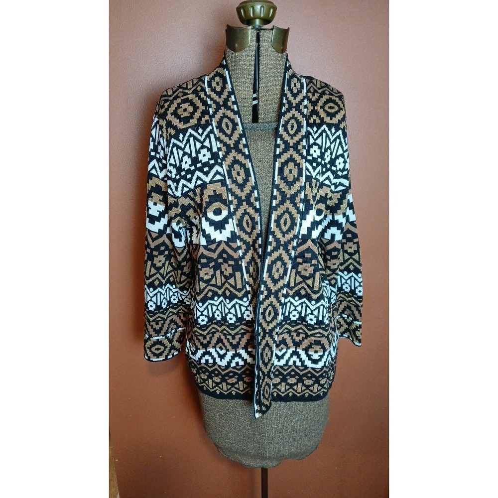 Ruby Rd Womens Large Metallic Geometric Southwestern Open Front Cardigan Sweater